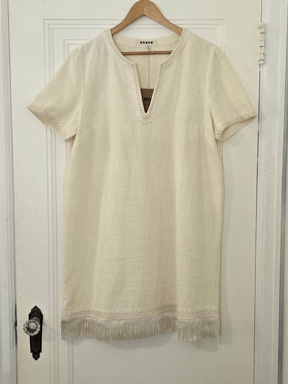 Boden Off White Fringe Short-Sleeve V Neck Embroidered Shift Dress, Size 12, Nwt